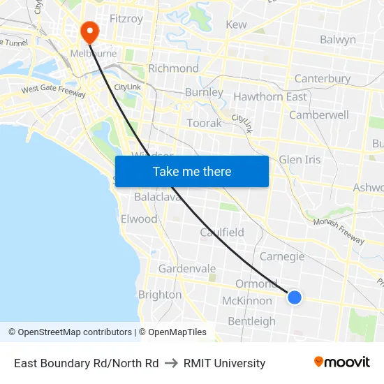 East Boundary Rd/North Rd to RMIT University map