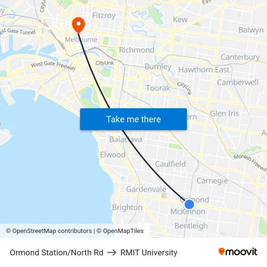 Ormond Station/North Rd to RMIT University map