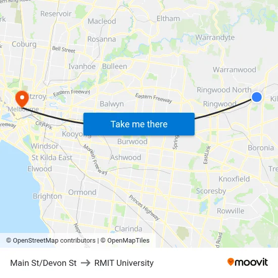 Main St/Devon St to RMIT University map