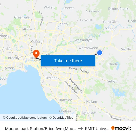 Mooroolbark Station/Brice Ave to RMIT University map