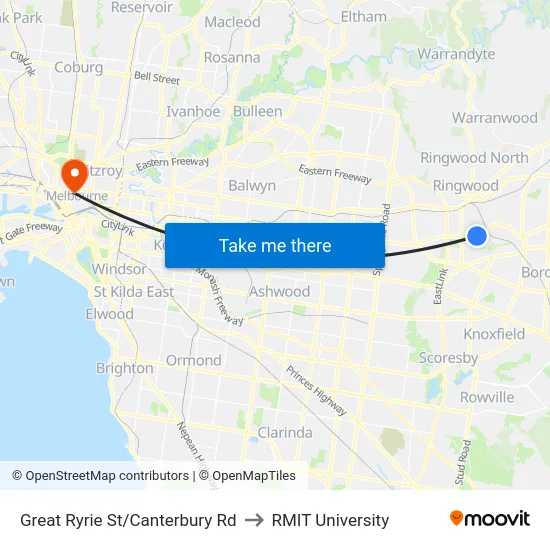 Great Ryrie St/Canterbury Rd to RMIT University map