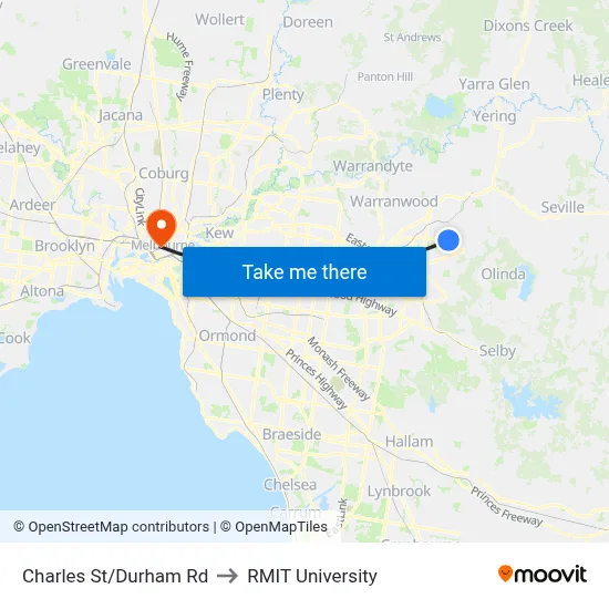 Charles St/Durham Rd to RMIT University map
