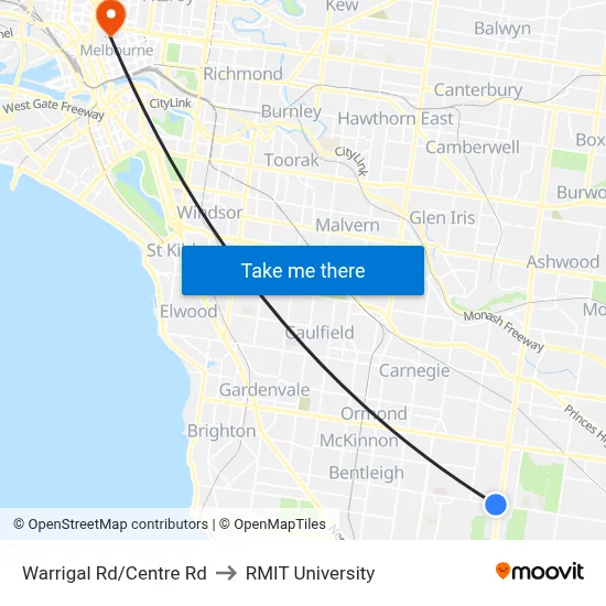 Warrigal Rd/Centre Rd to RMIT University map