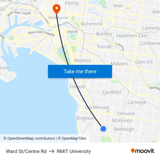 Ward St/Centre Rd to RMIT University map