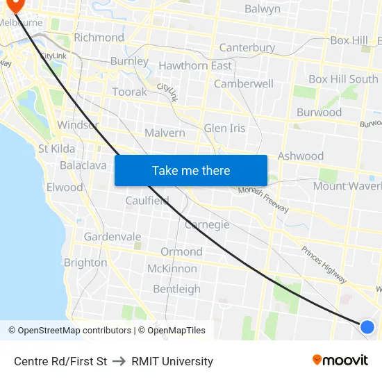 Centre Rd/First St to RMIT University map