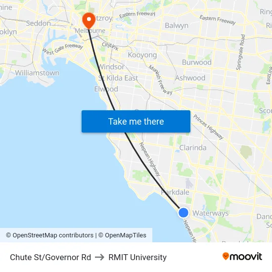 Chute St/Governor Rd to RMIT University map