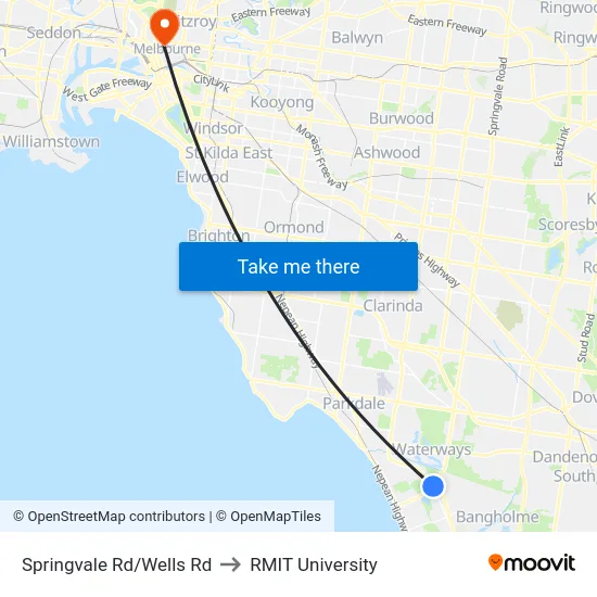 Springvale Rd/Wells Rd to RMIT University map