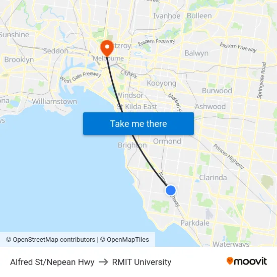 Alfred St/Nepean Hwy to RMIT University map
