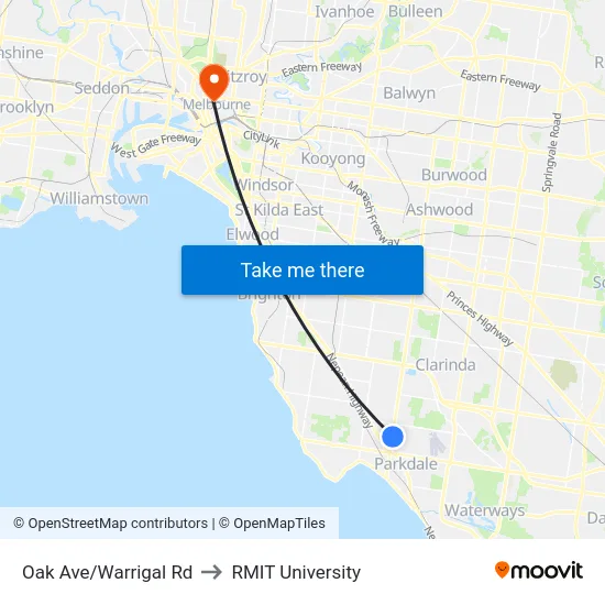 Oak Ave/Warrigal Rd to RMIT University map