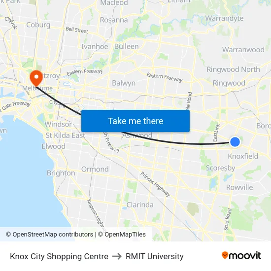 Knox City Shopping Centre to RMIT University map