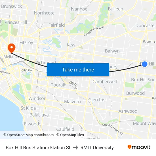 Box Hill Bus Station/Station St to RMIT University map