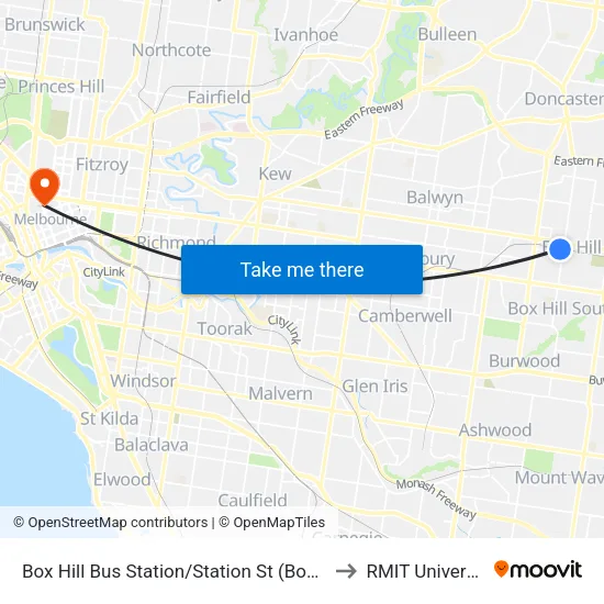 Box Hill Bus Station/Station St to RMIT University map