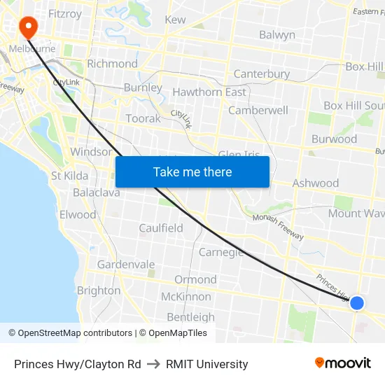 Princes Hwy/Clayton Rd to RMIT University map