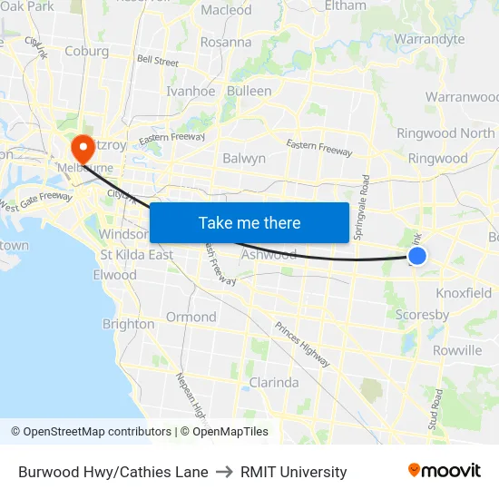 Burwood Hwy/Cathies Lane to RMIT University map