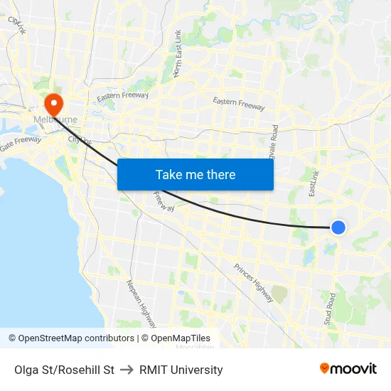 Olga St/Rosehill St to RMIT University map