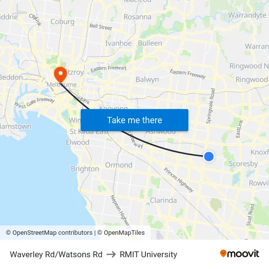 Waverley Rd/Watsons Rd to RMIT University map