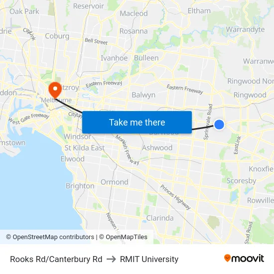 Rooks Rd/Canterbury Rd to RMIT University map