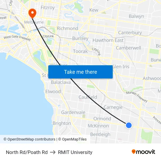 North Rd/Poath Rd to RMIT University map
