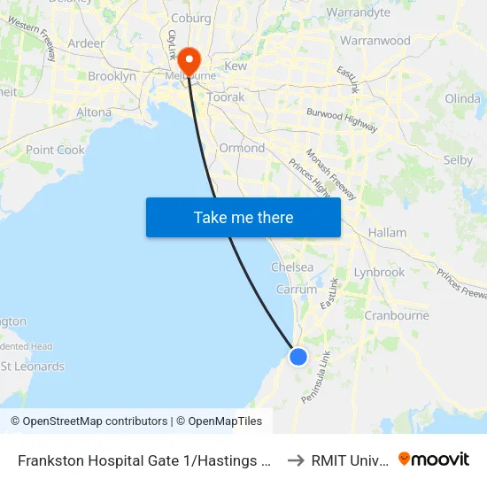 Frankston Hospital Gate 1/Hastings Rd to RMIT University map