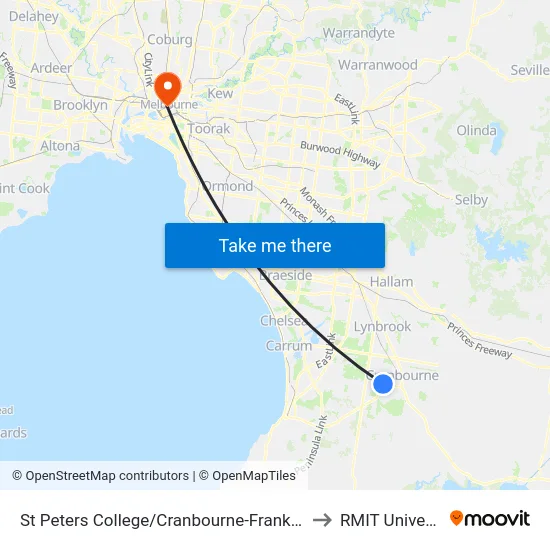 St Peters College/Cranbourne-Frankston Rd to RMIT University map