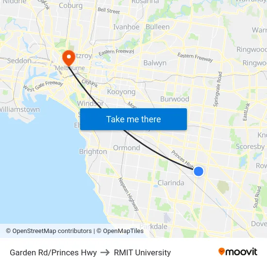 Garden Rd/Princes Hwy to RMIT University map