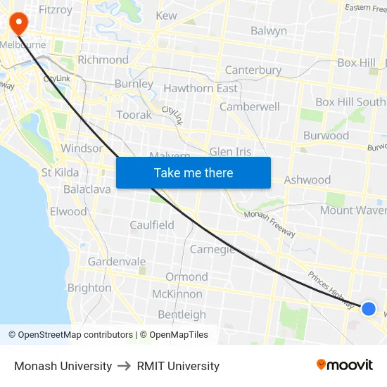 Monash University to RMIT University map