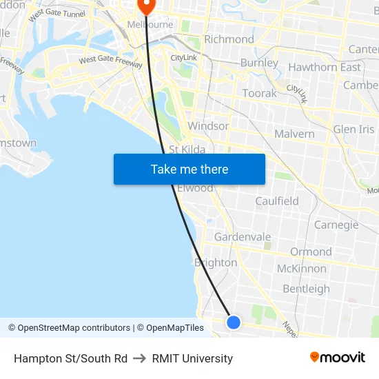 Hampton St/South Rd to RMIT University map