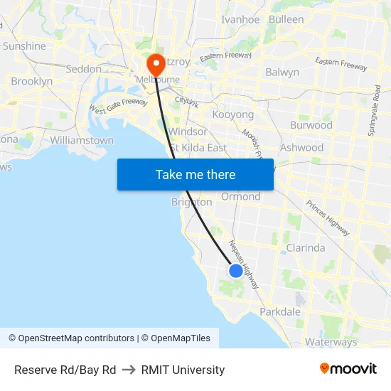 Reserve Rd/Bay Rd to RMIT University map
