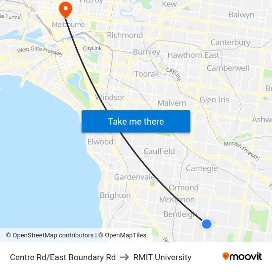 Centre Rd/East Boundary Rd to RMIT University map