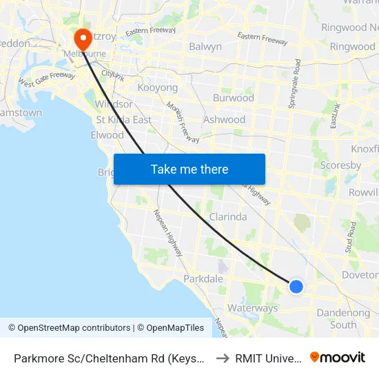 Parkmore Sc/Cheltenham Rd to RMIT University map