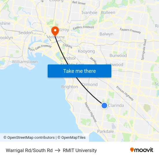 Warrigal Rd/South Rd to RMIT University map