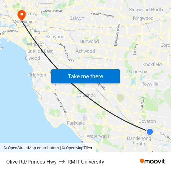 Olive Rd/Princes Hwy to RMIT University map