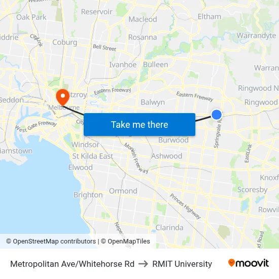Metropolitan Ave/Whitehorse Rd to RMIT University map