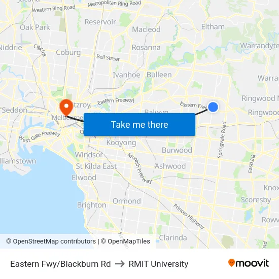 Eastern Fwy/Blackburn Rd to RMIT University map