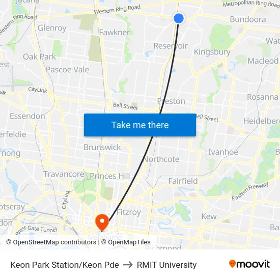 Keon Park Station/Keon Pde to RMIT University map