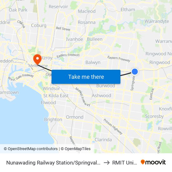 Nunawading Railway Station/Springvale Rd (Nunawading) to RMIT University map