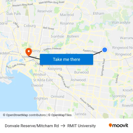 Donvale Reserve/Mitcham Rd to RMIT University map