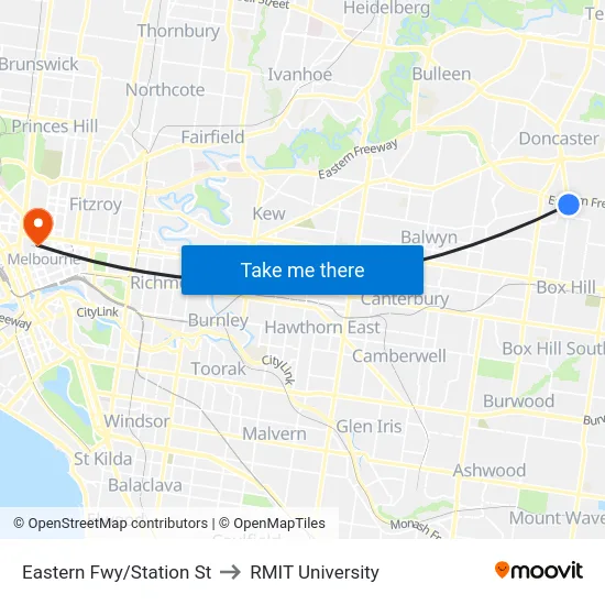 Eastern Fwy/Station St to RMIT University map