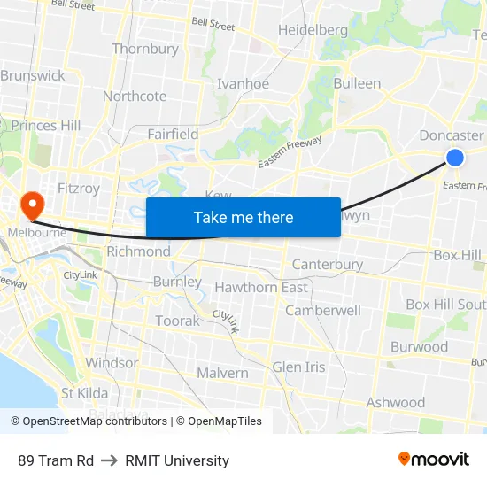 89 Tram Rd to RMIT University map