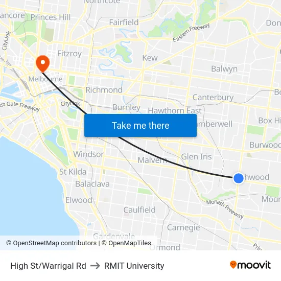 High St/Warrigal Rd to RMIT University map