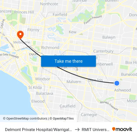 Delmont Private Hospital/Warrigal Rd to RMIT University map