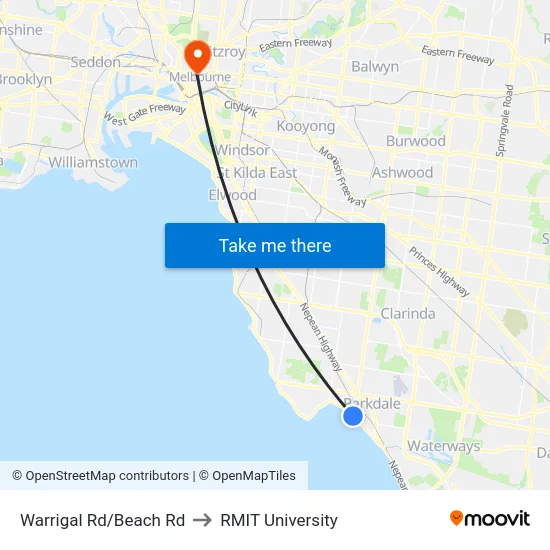 Warrigal Rd/Beach Rd to RMIT University map