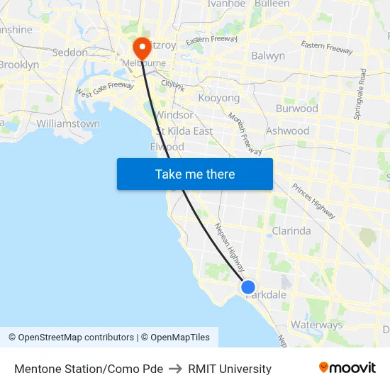 Mentone Station/Como Pde to RMIT University map