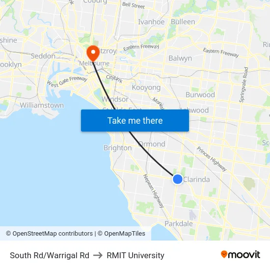 South Rd/Warrigal Rd to RMIT University map