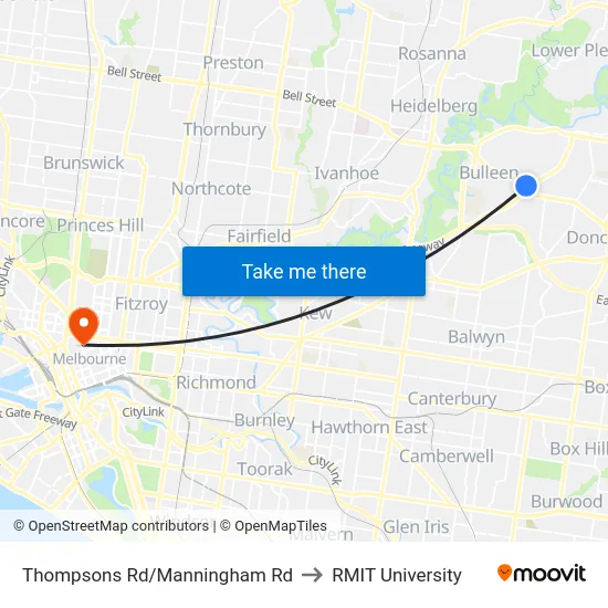 Thompsons Rd/Manningham Rd to RMIT University map