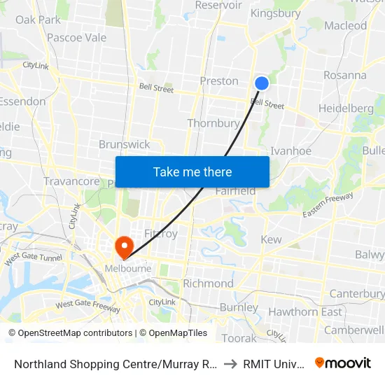 Northland Shopping Centre/Murray Rd to RMIT University map