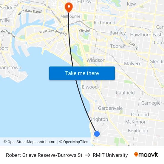 Robert Grieve Reserve/Burrows St to RMIT University map