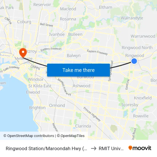 Ringwood Station/Maroondah Hwy to RMIT University map