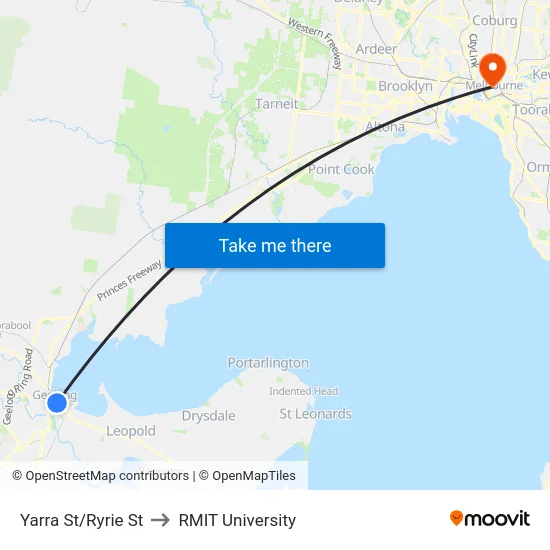 Yarra St/Ryrie St to RMIT University map