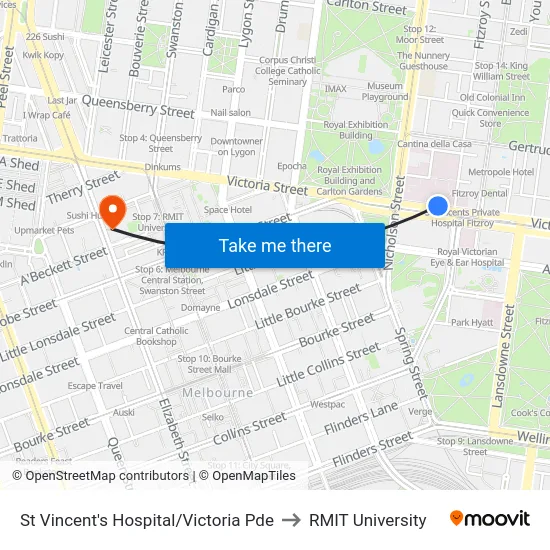St Vincent's Hospital/Victoria Pde to RMIT University map